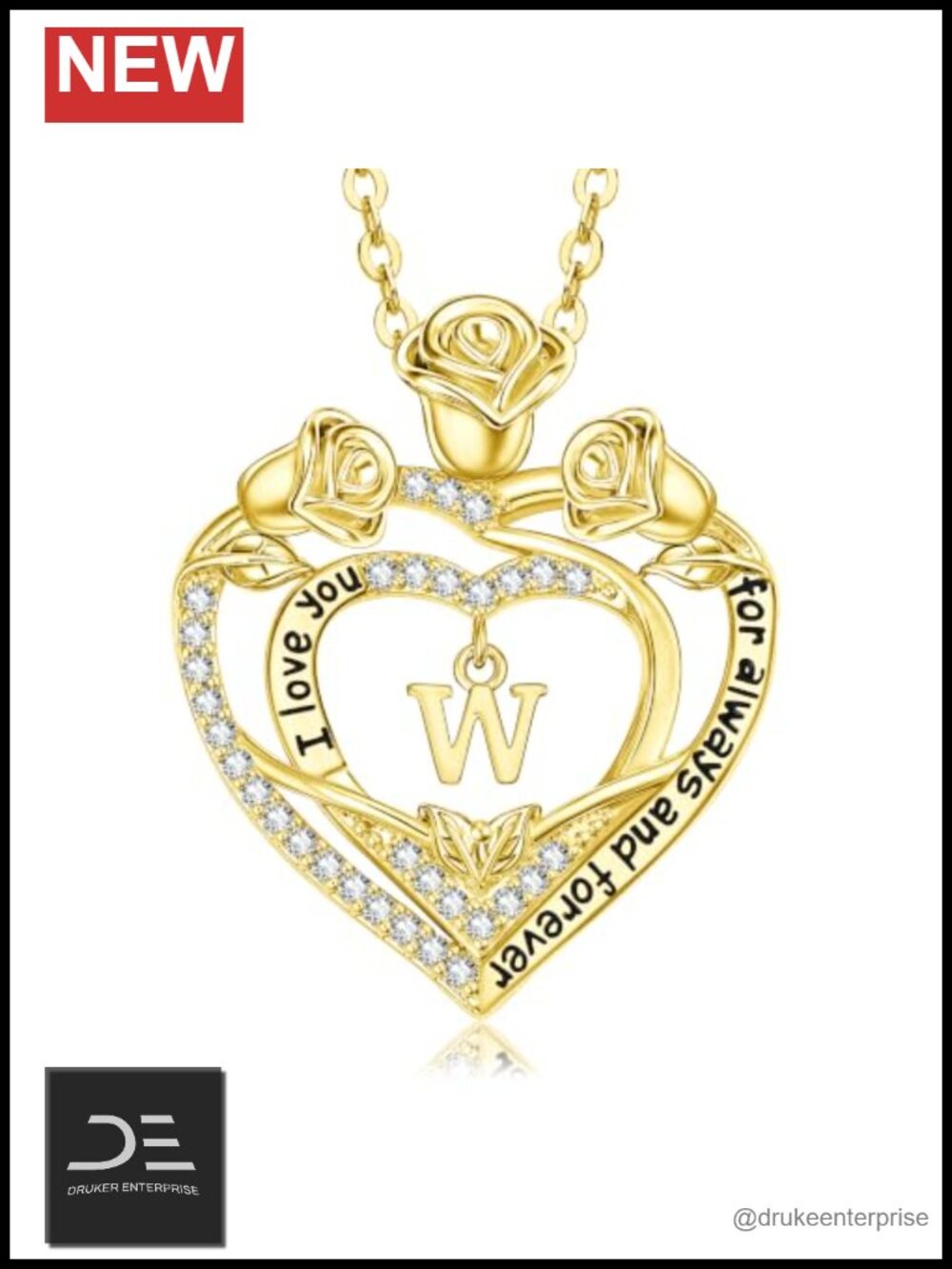 Rose Heart Initial W Necklace 14K Gold Plated Pendant Women's